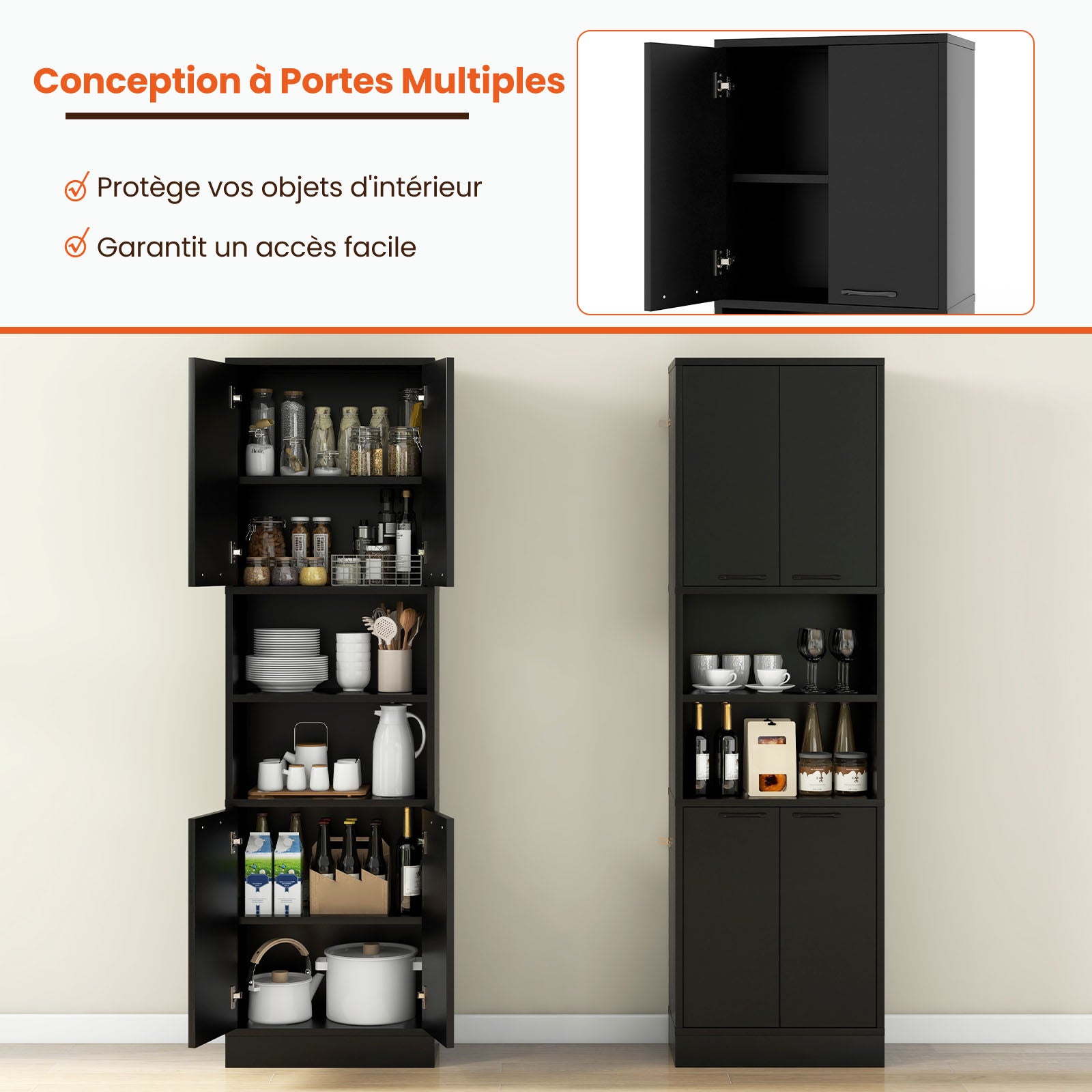 Mueble Baño, Mueble Columna Baño de 190 cm para Baño con 2 Armarios de Doble Puerta y 2 Estantes, Dispositivos Antirrebote, Estante de Baño de - 5