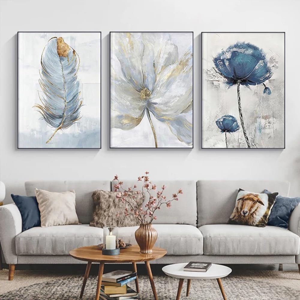 Lot de 3 affiches de plumes de style nordique avec fleurs bleues, images d'art mural, images décoratives, 30 x 40 cm – sans cadre - 2