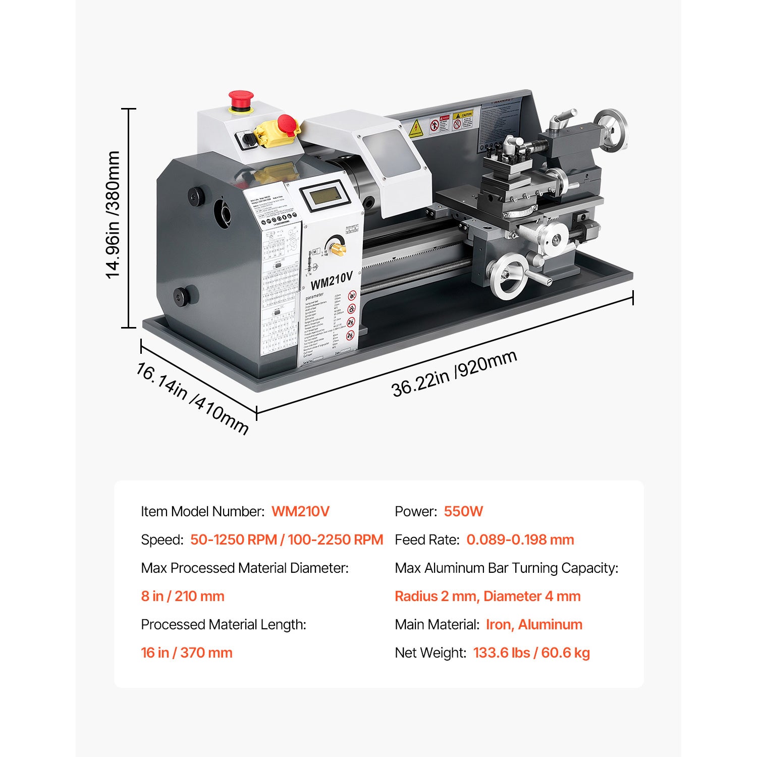 Torno de metal precisão,SucceBuy 210x370 mm,550 W,velocidade ajustável 0-2500 RPM,engrenagens metálicas,adequado para processamento preciso peças - 9