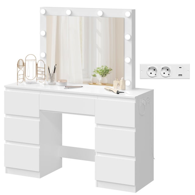 Coiffeuse avec miroir en MDF Blanc H. 110 x l. 39.5 x P. 140 cm