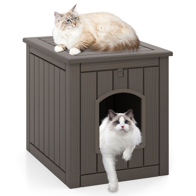 Casa para Gato de Interior e Exterior, Caixa de Areia Oculta com Porta Basculante e Chão Elevado, Abrigo Impermeável para Filhotes, para Jardim, Cinza