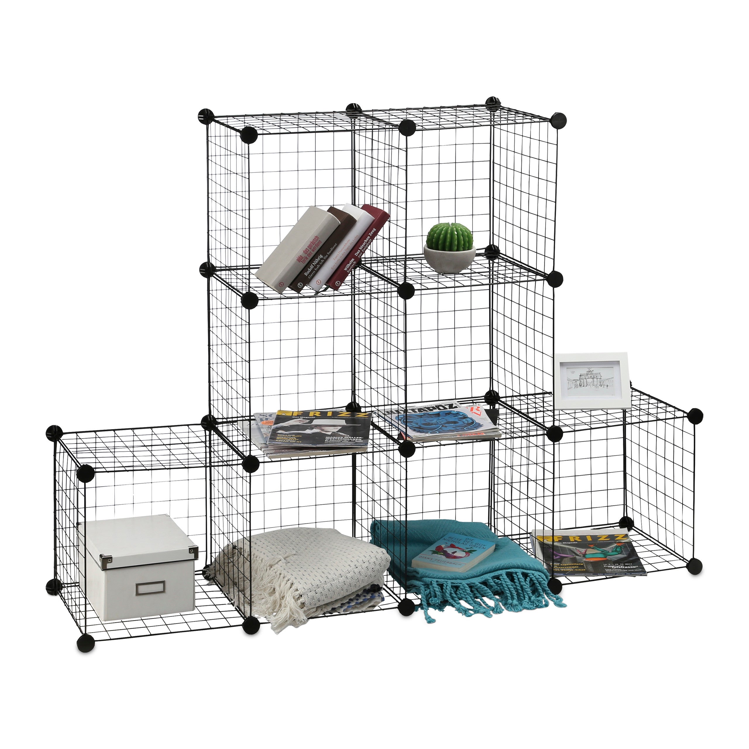 Étagère modulable grille treillis 9 cubes compartiments DIY métal meuble rangement grillage 30x30 cm, noir, Relaxdays - 3