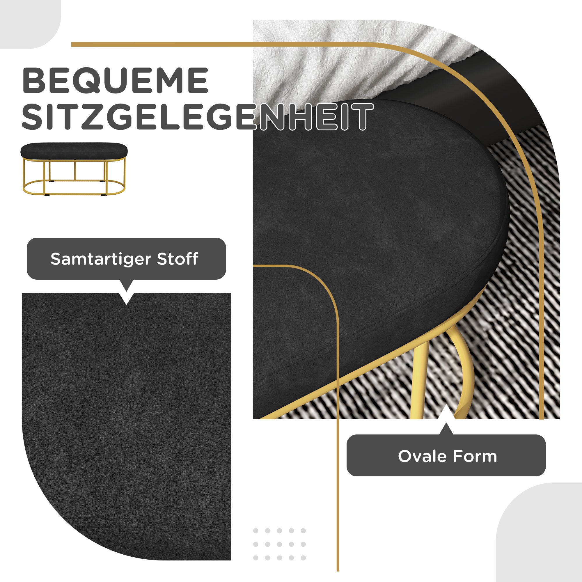 Banc rembourré aspect velours, banc, banc de lit, coiffeuse Banc, banc d'entrée pour salon, jusqu'à 200 kg, acier, noir - 5