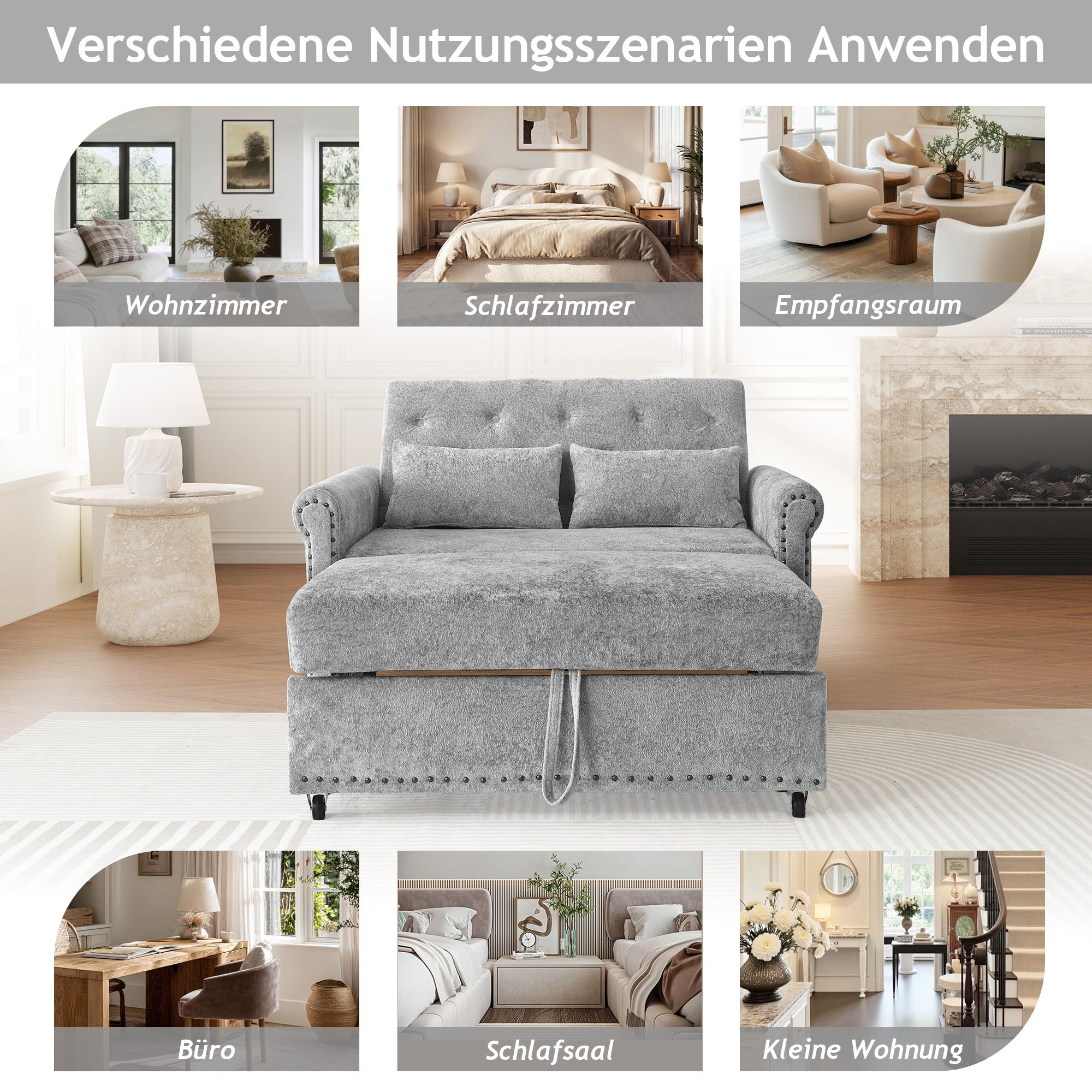 Sofa rozkładana 3 w 1 z odchylanym oparciem (110°/145°/180°) - Tkanina szenilowa - Powierzchnia spania 170 x 98 cm - 2 poduszki - Szary - 8