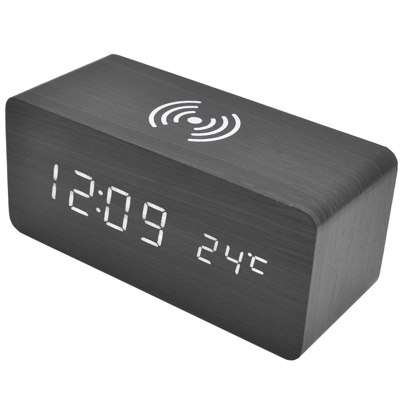 Reloj despertador digital, con pantalla led electrónica de madera, atenuador, radio despertador 12/24 horas con estación de carga inalámbrica rápida,