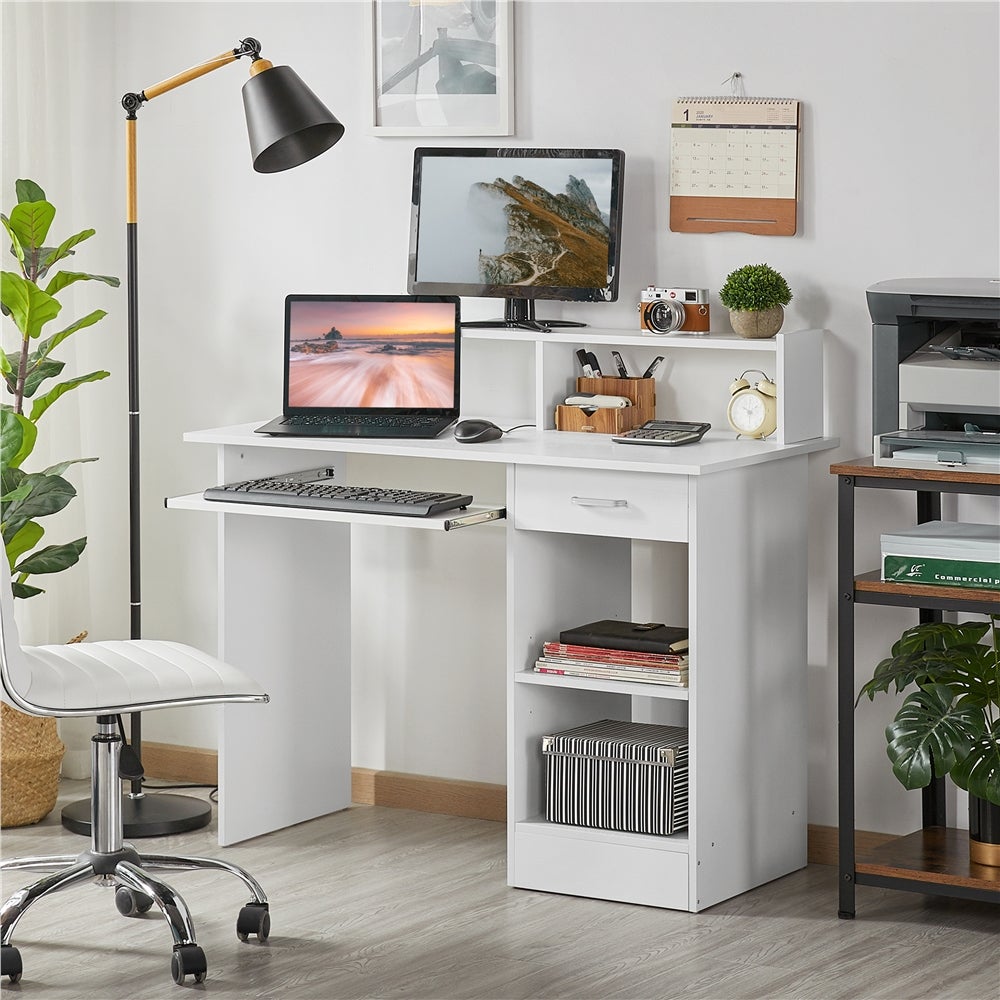 Bureau Informatique en Bois Bureau d’ordinateur avec Tiroir Support PC Plateau pour Clavier Étagère Blanc Yaheetech - 2