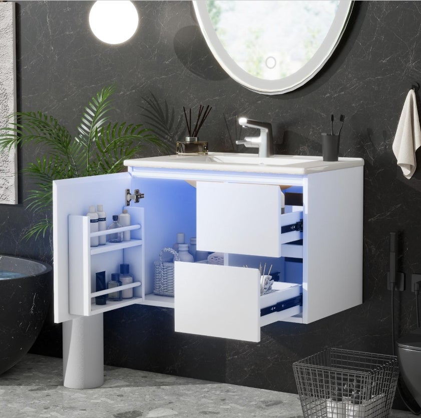 Szafka łazienkowa wisząca 76x46x50 cm biała z umywalką, oświetleniem LED z czujnikiem radarowym, 2 cichymi szufladami i półkami bocznymi