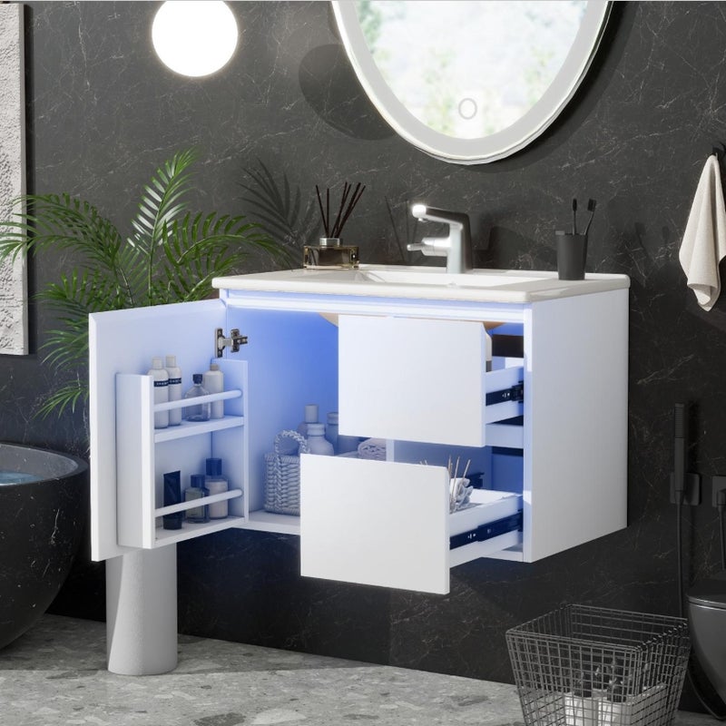 Szafka łazienkowa wisząca 76x46x50 cm biała z umywalką, oświetleniem LED z czujnikiem radarowym, 2 cichymi szufladami i półkami bocznymi