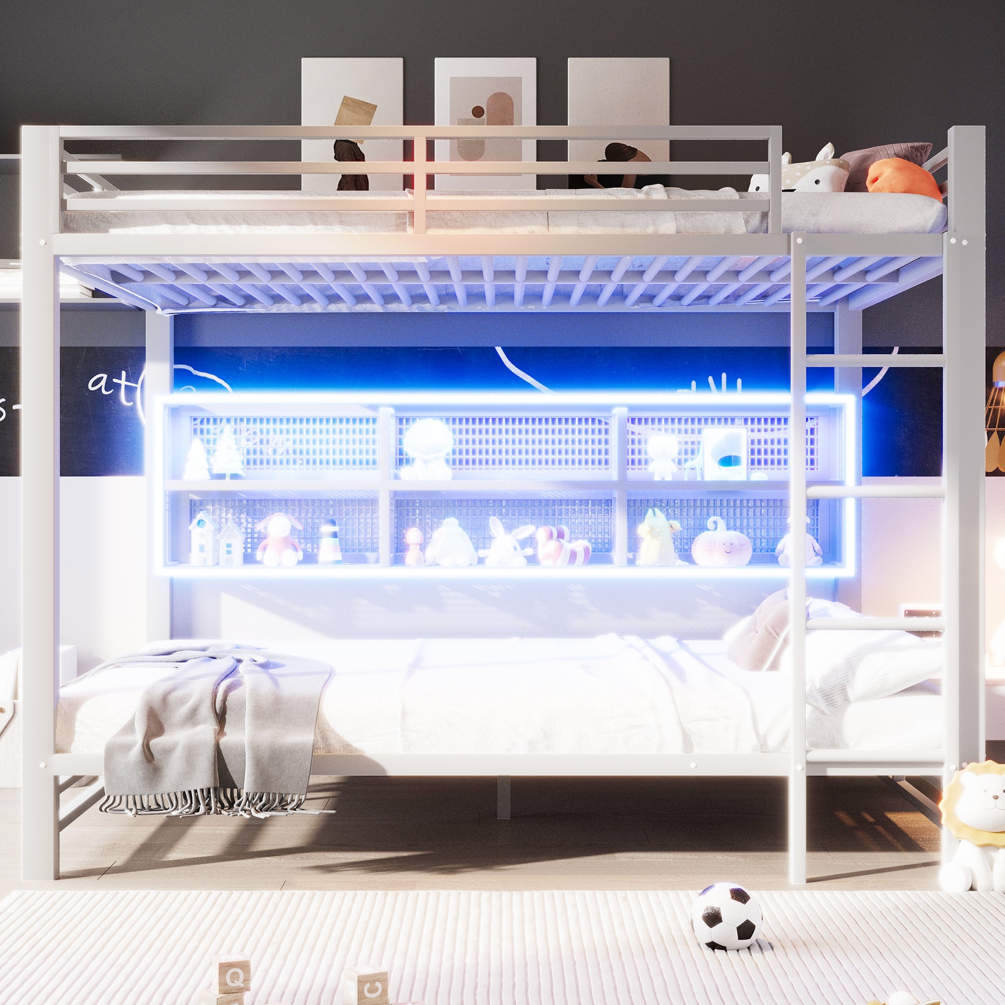 Łóżko piętrowe 140x200 cm - z oświetleniem LED - 6 przegródek do przechowywania - z barierkami bezpieczeństwa - Biały