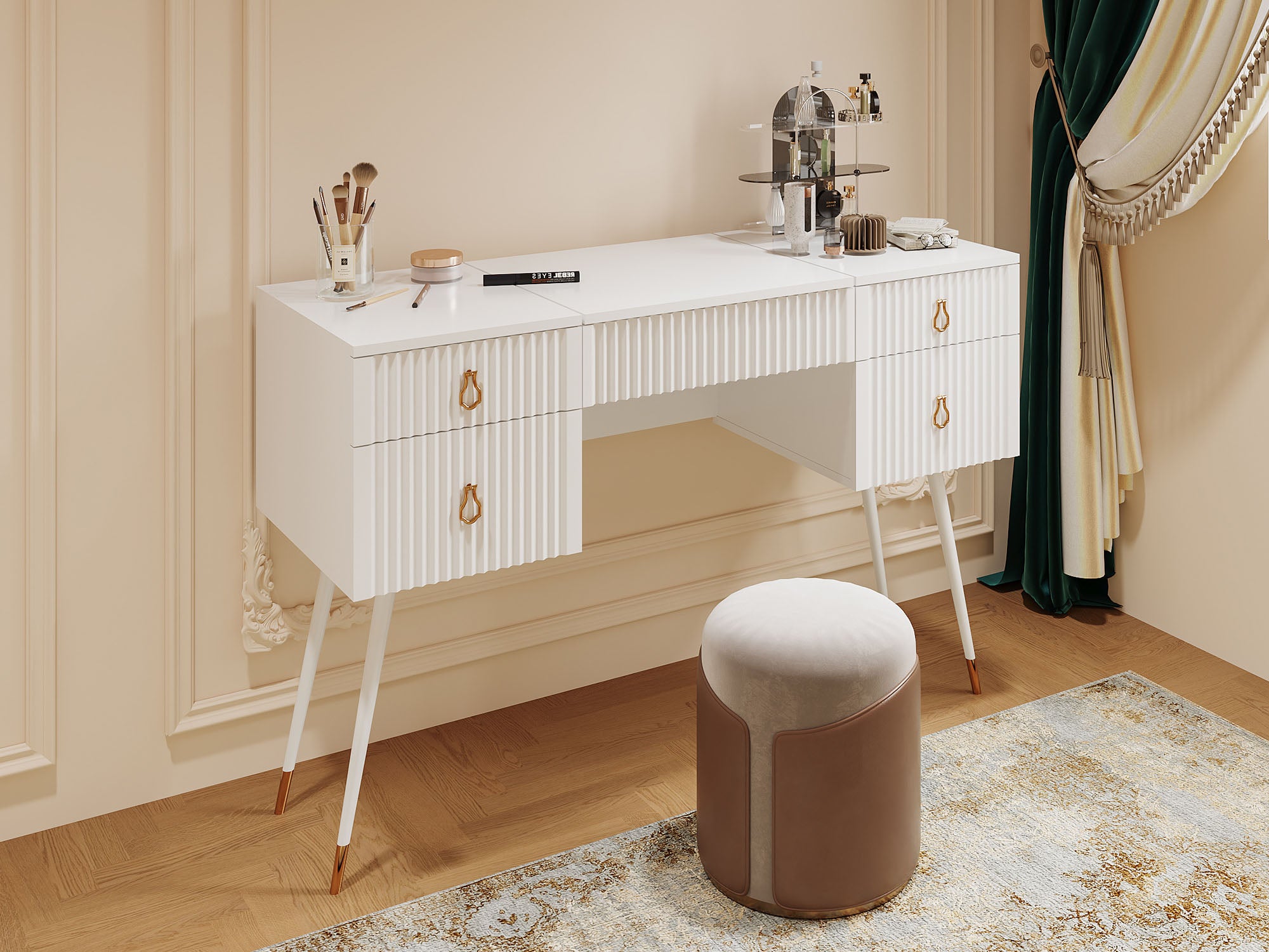 Toeletta Da Trucco Con Luci LED Dimmerabili - Piano Vetro, 2 Cassetti, Armadietto Mobile 100x40cm Bianco/Nero - Foto 4