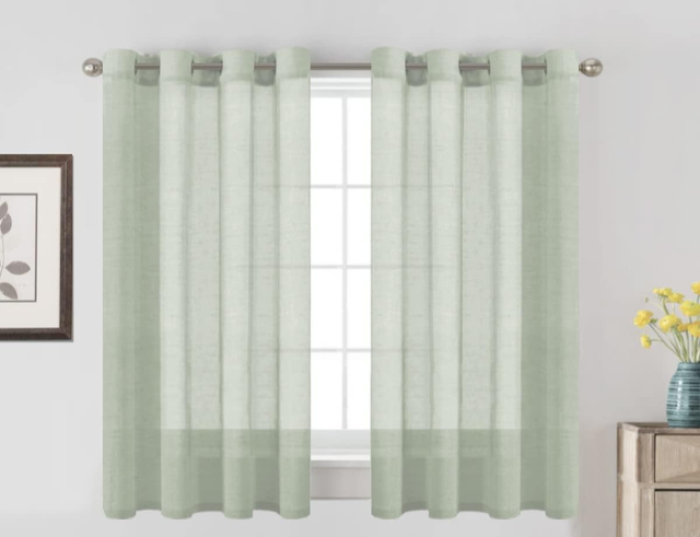 Półprzezroczyste lniane zasłony, zapewniające prywatność i przepuszczające światło, do sypialni/salonu, zestaw 2 sztuk (132 x 160 cm, trawiasta ziele