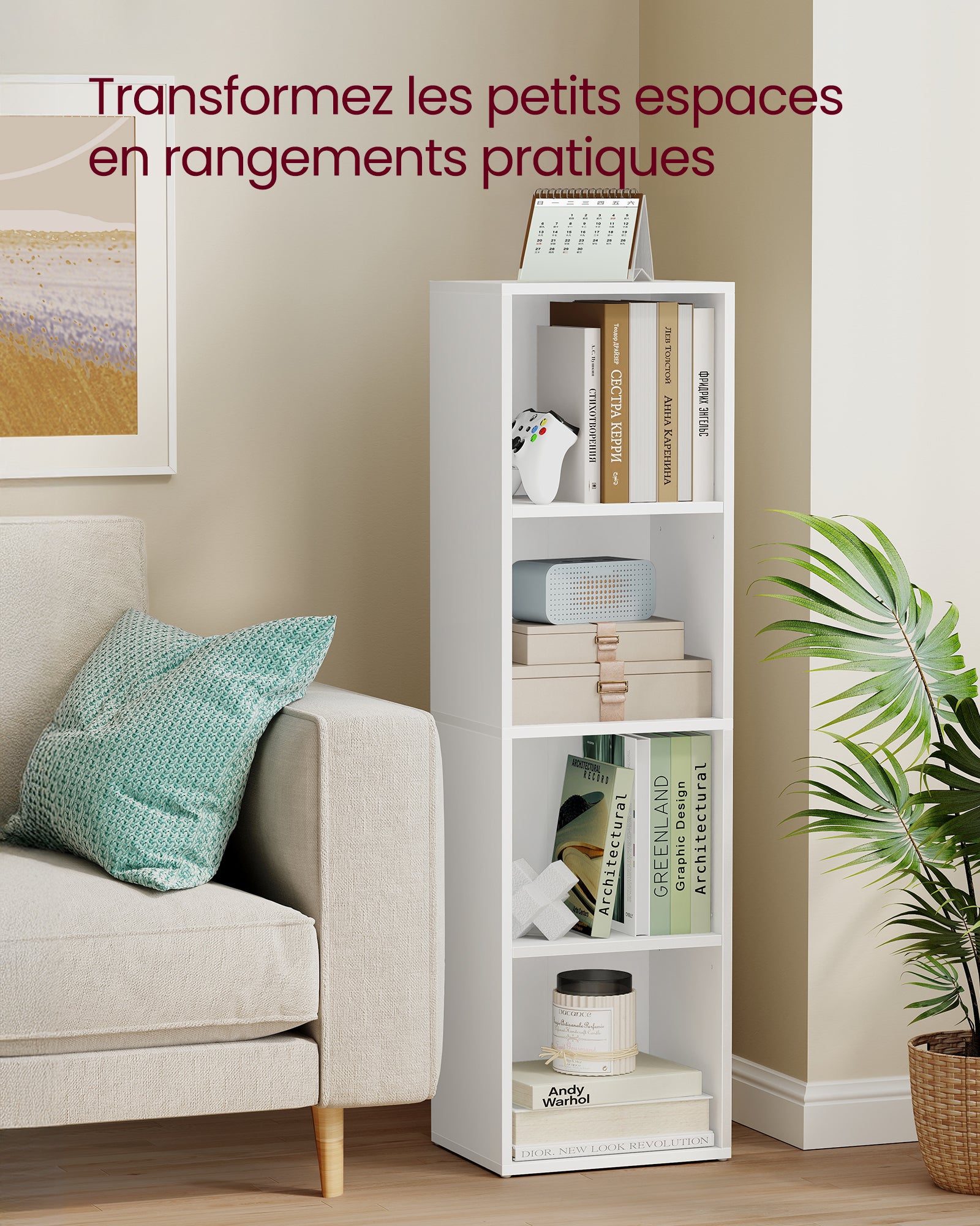 Bibliothèque, Étagère sur 4 Niveaux, avec Étagères Réglables, Meuble de Rangement Ouvert, pour Salon, Chambre, Bureau, Blanc Nuage - 7