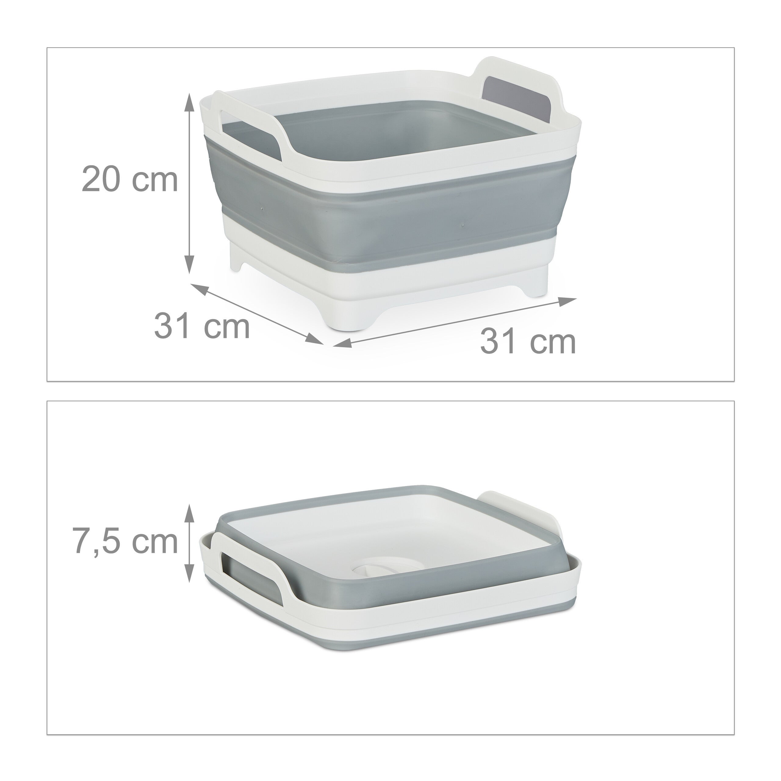 Barreño con desagüe, fregadero plegable, 9 L, lavabo de camping, 20 x 31 x 31 cm, Blanco/Gris, Relaxdays - 4