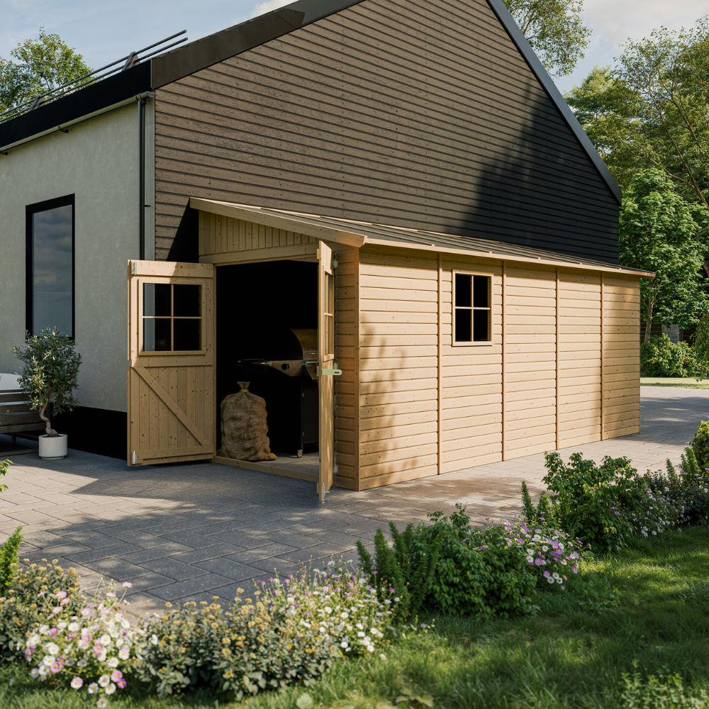 TIMBELA M341 Abri de Jardin en Bois Naturel (sans paroi latérale)- Stockage extérieur avec fenêtres- H244x216x513 cm/10 m2, hangar en bois naturel - 4
