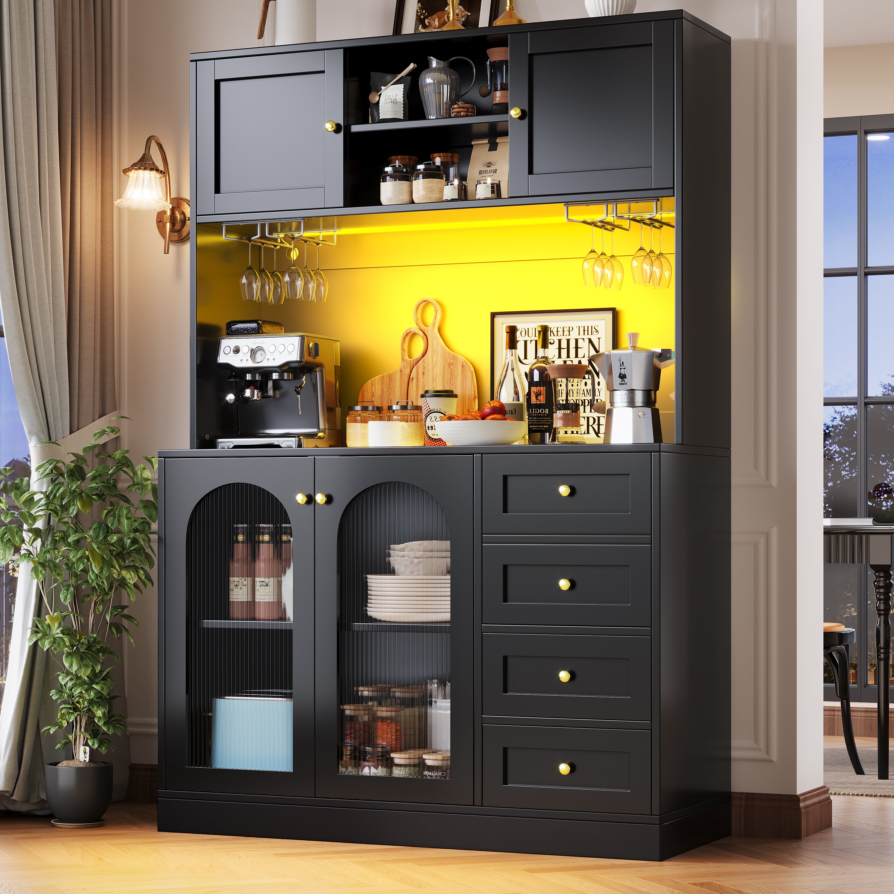 Buffet de cuisine haut avec 4 portes, 3 tiroirs et porte-gobelets - 120 x 40 x 188 cm - MDF - LEDs - Noir - 5