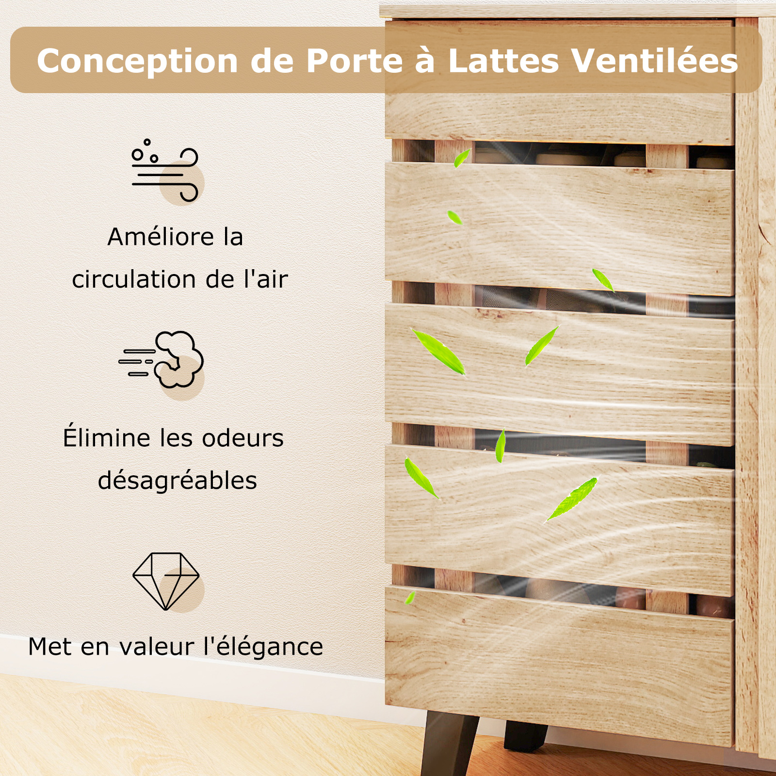 Armoire à Chaussures 4 Niveaux, Organisateur de Rangement avec Porte à Persiennes et étagères Amovibles, Armoire à Chaussures en Bois Style Ferme - 6