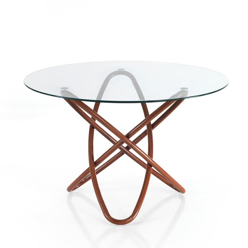 Stół HULA HOOP WOOD – metal w kolorze orzecha włoskiego, szkło przezroczyste, wys. 76 cm, Ø 110 cm, 6 miejsc, do jadalni