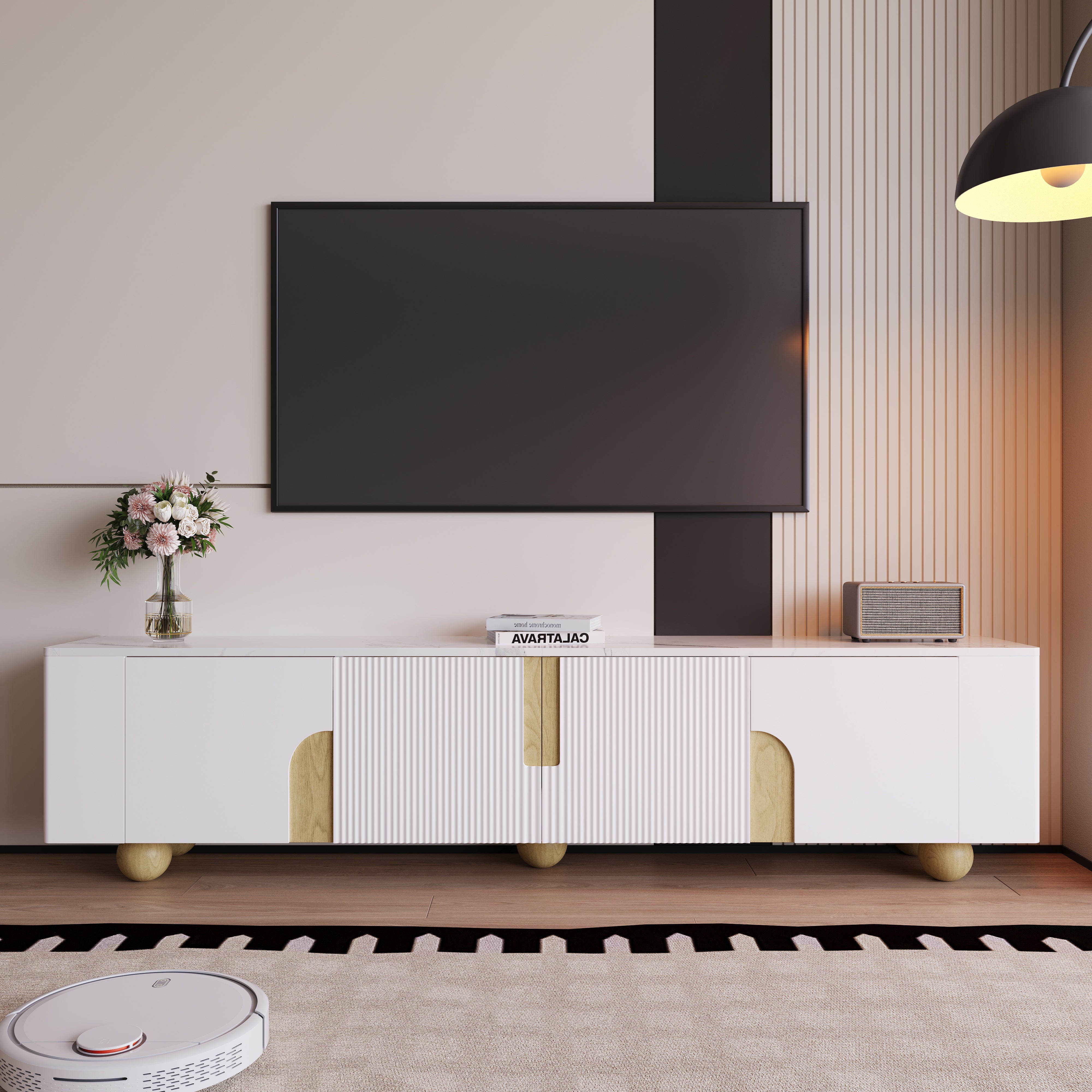 Szafka RTV z 4 drzwiami - 180 x 40 x 44 cm - Płyta wiórowa - Okrągłe drewniane nogi i blat imitujący marmur - Kolor czarny