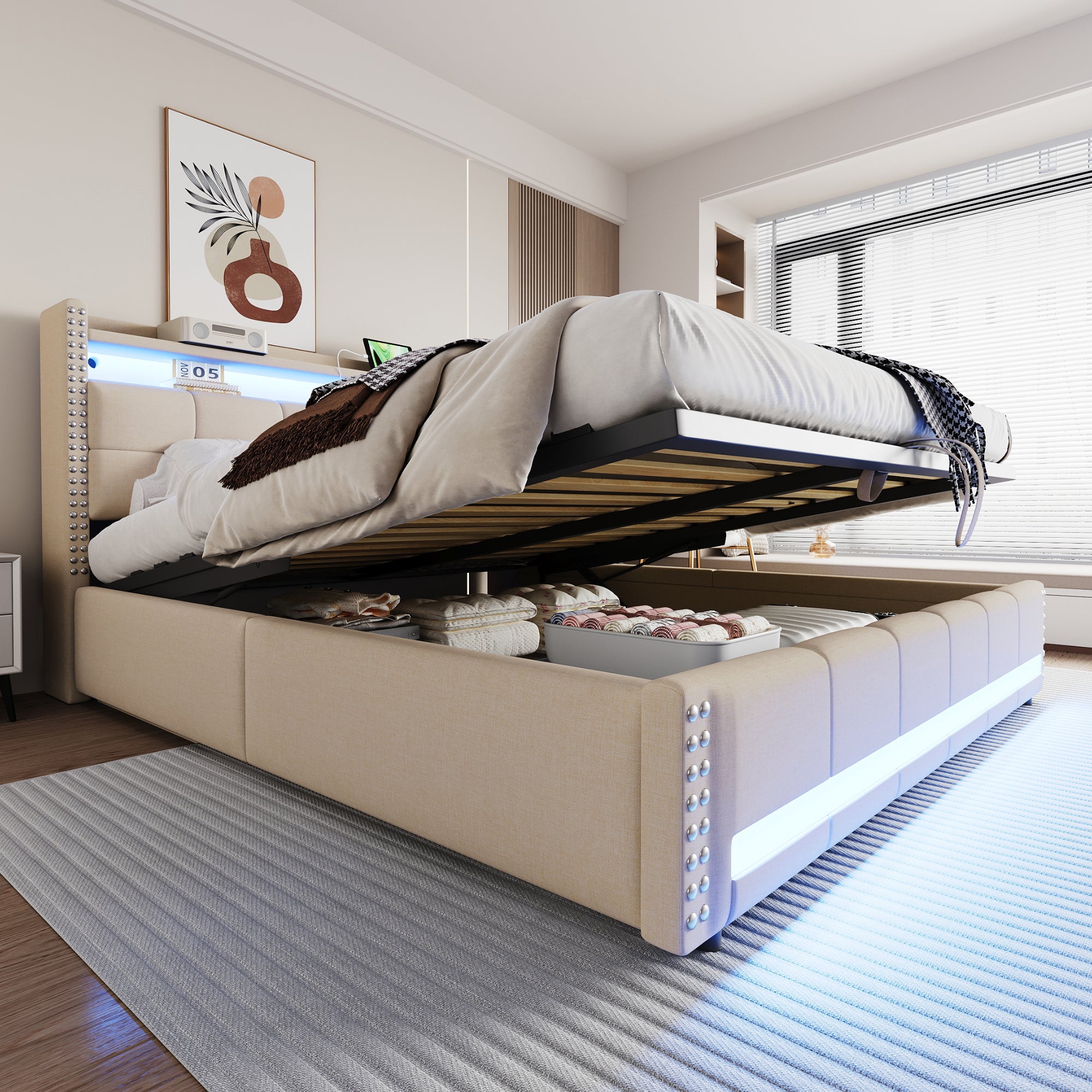 Letto Imbottito 180x200 Cm Con Contenitore Idraulico E Luci LED - Cotone E Lino Beige Con Porte USB