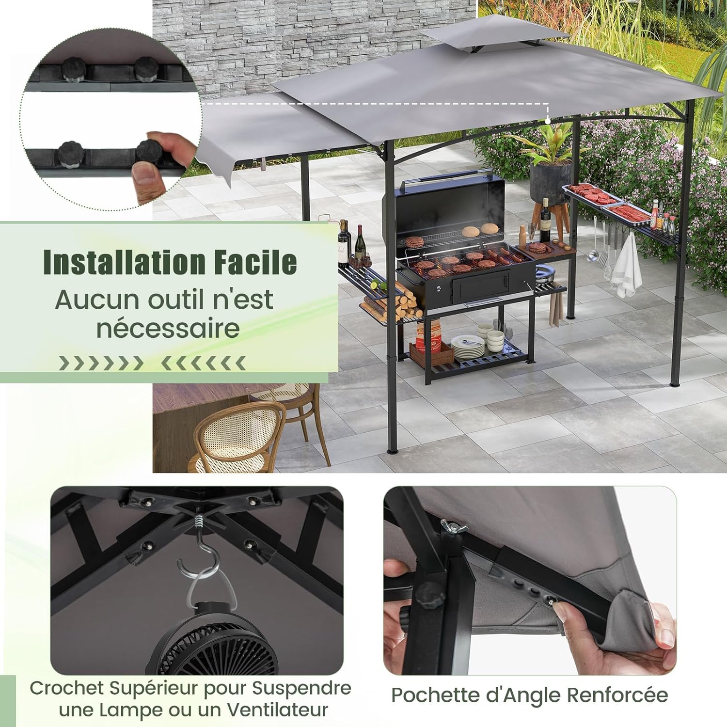 Tonnelle de Barbecue 318 x 153 cm avec Auvent Latéral, Abri Barbecue Cadre en Métal avec Dessus à 2 Niveaux 2 Etagères Latérales pour Jardin - 4