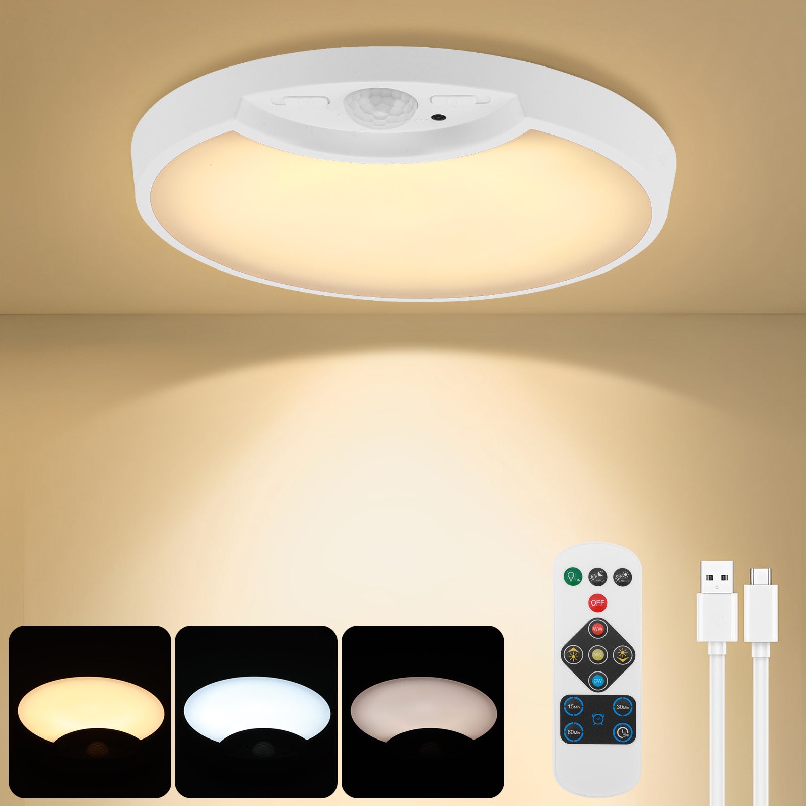 Plafonnier LED Leselux Avec Détecteur De Mouvement - Rechargeable, Sans Fil, Télécommande