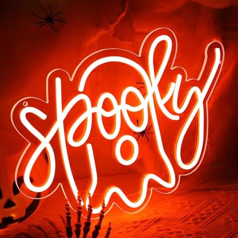 Neon Spooky Boo, Neon Halloween Boo, Akrylowy LED-owy Znak Ścienny, Dekoracja na Imprezę Halloween, 37 x 27 cm