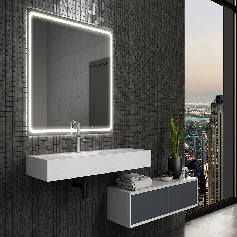 Meuble de salle de bain simple vasque - 2 tiroirs - BALEA et miroir Led VELDI - hibernian (bois blanchi) - 100cm - 8