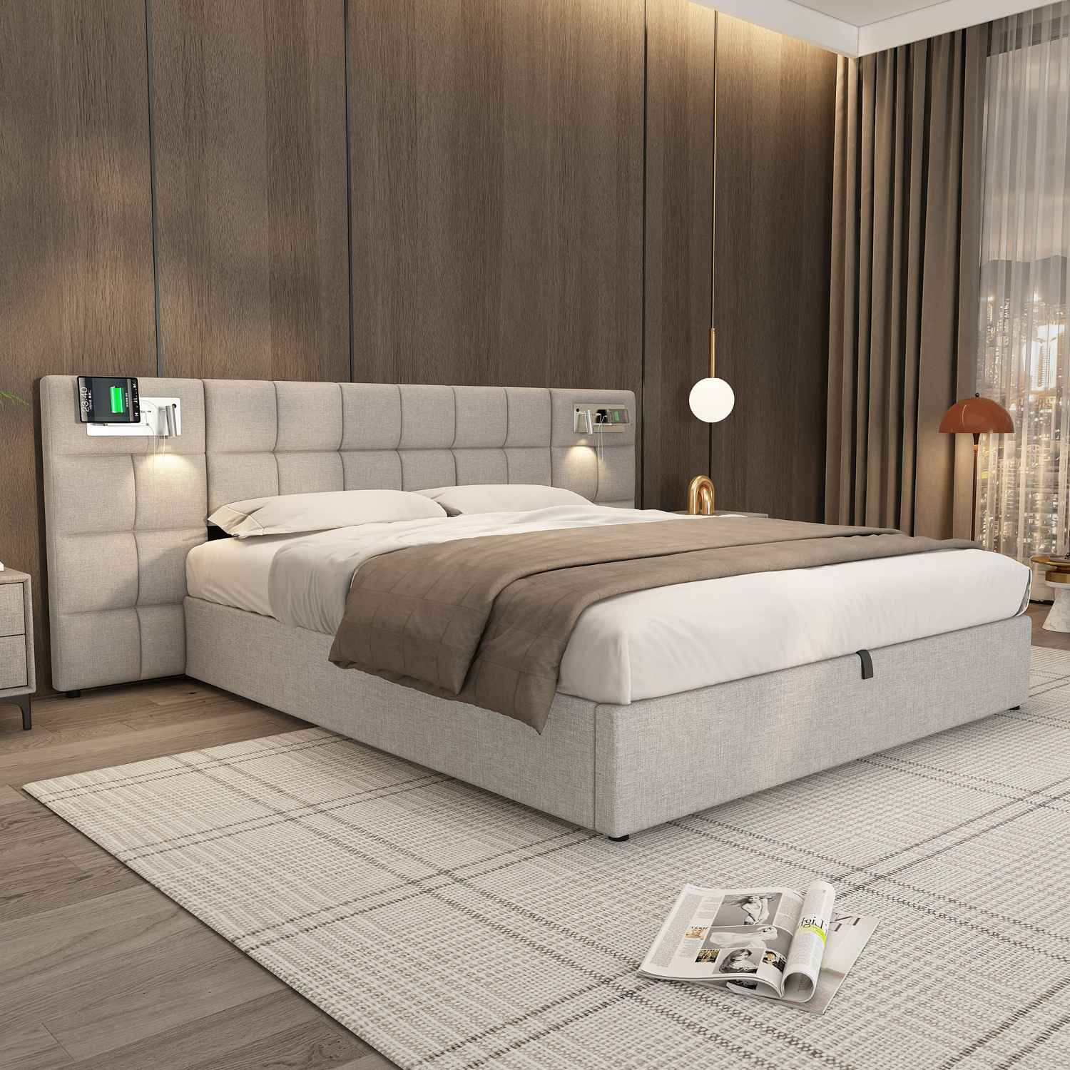 Łóżko z wyściełanym zagłówkiem 180x200 cm, funkcja ładowania bezprzewodowego, port USB, oświetlenie LED, miejsce do przechowywania, drewniana rama