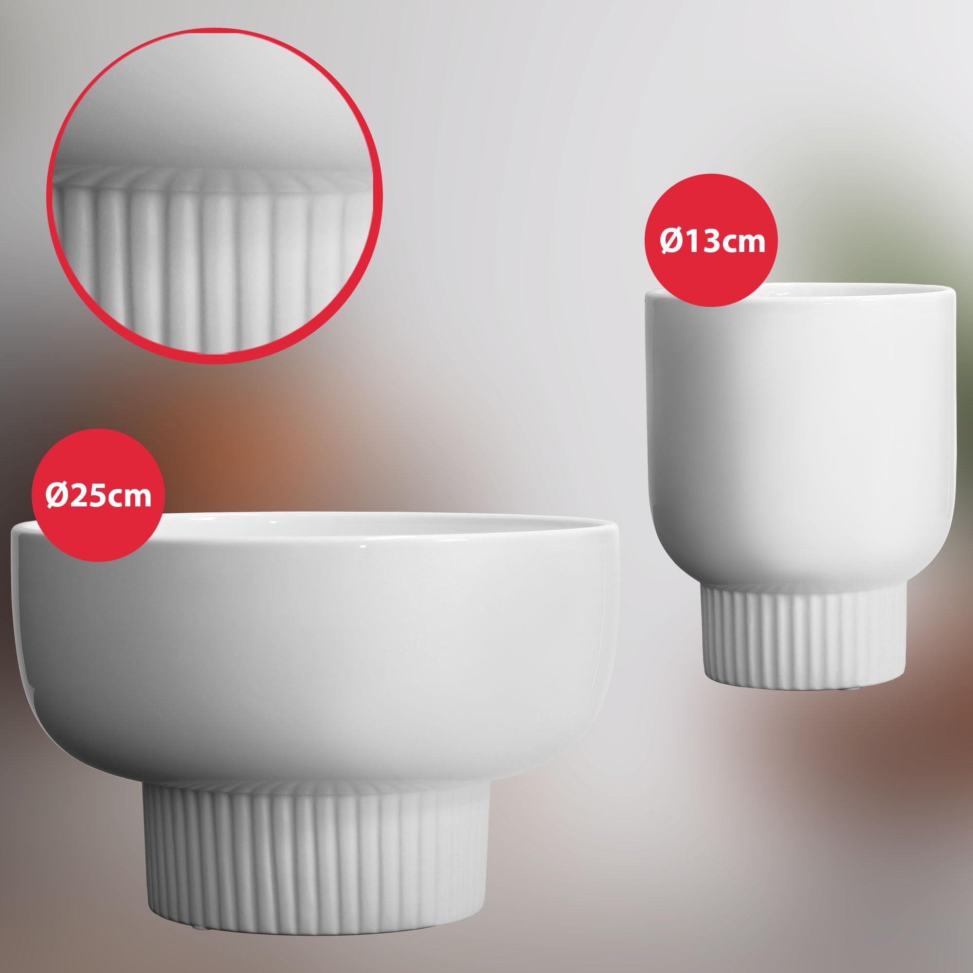 Lot de 2 Pots de Fleurs en Céramique, Diamètre : 12 cm, Hauteur : 16,5 cm, Blanc, Cache-Pot en Céramique pour Plantes d'Intérieur - KOTARBAU - 7