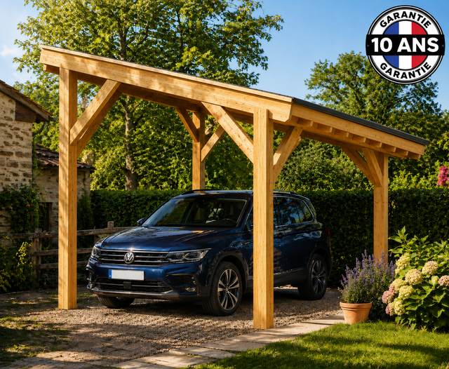 Carport Bois Douglas Français 12 m² – 1 pente – 4 poteaux – Abri voiture extérieur – Garantie 10 ans