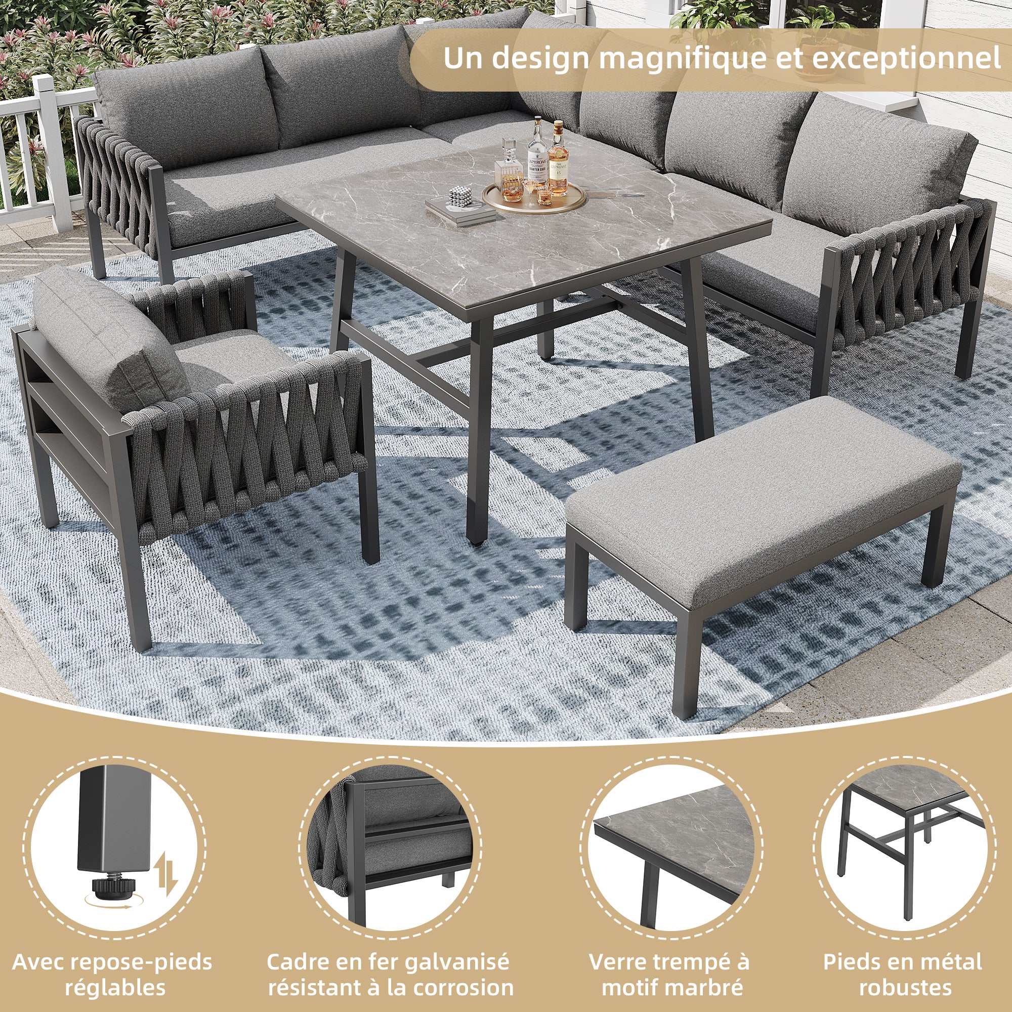 Ensemble de salle à manger de jardin - en corde - avec structure en fer galvanisé, pieds réglables, canapé d'angle, 1 fauteuil, 1 tabouret, gris - 8
