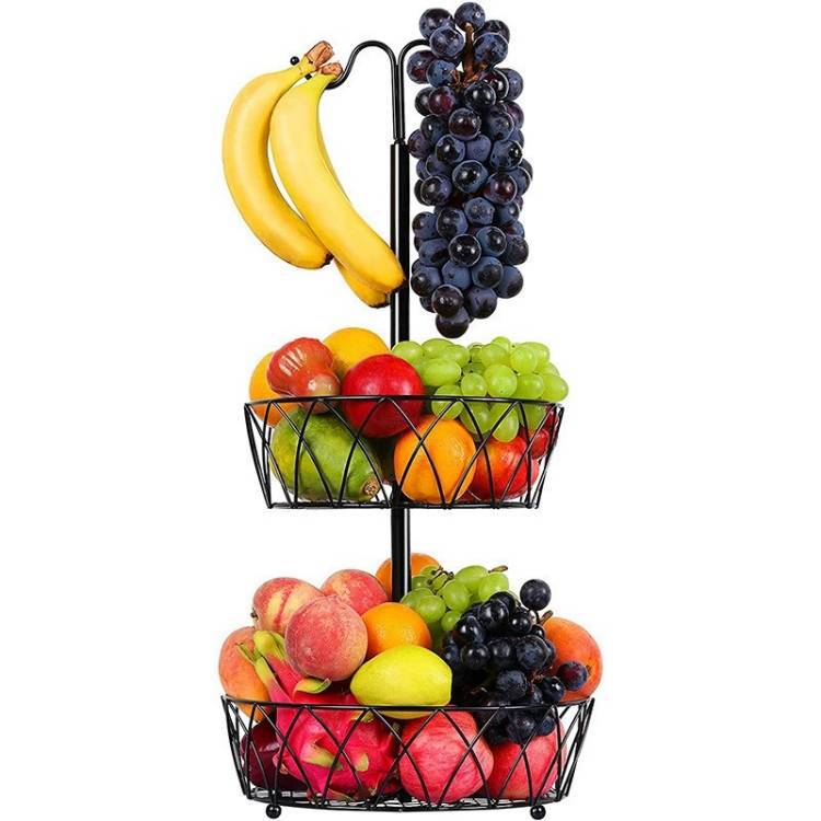 Dwupoziomowy czarny kosz na owoce - półka kuchenna z kutego żelaza, odporna na rdzę - 30×30×60 cm