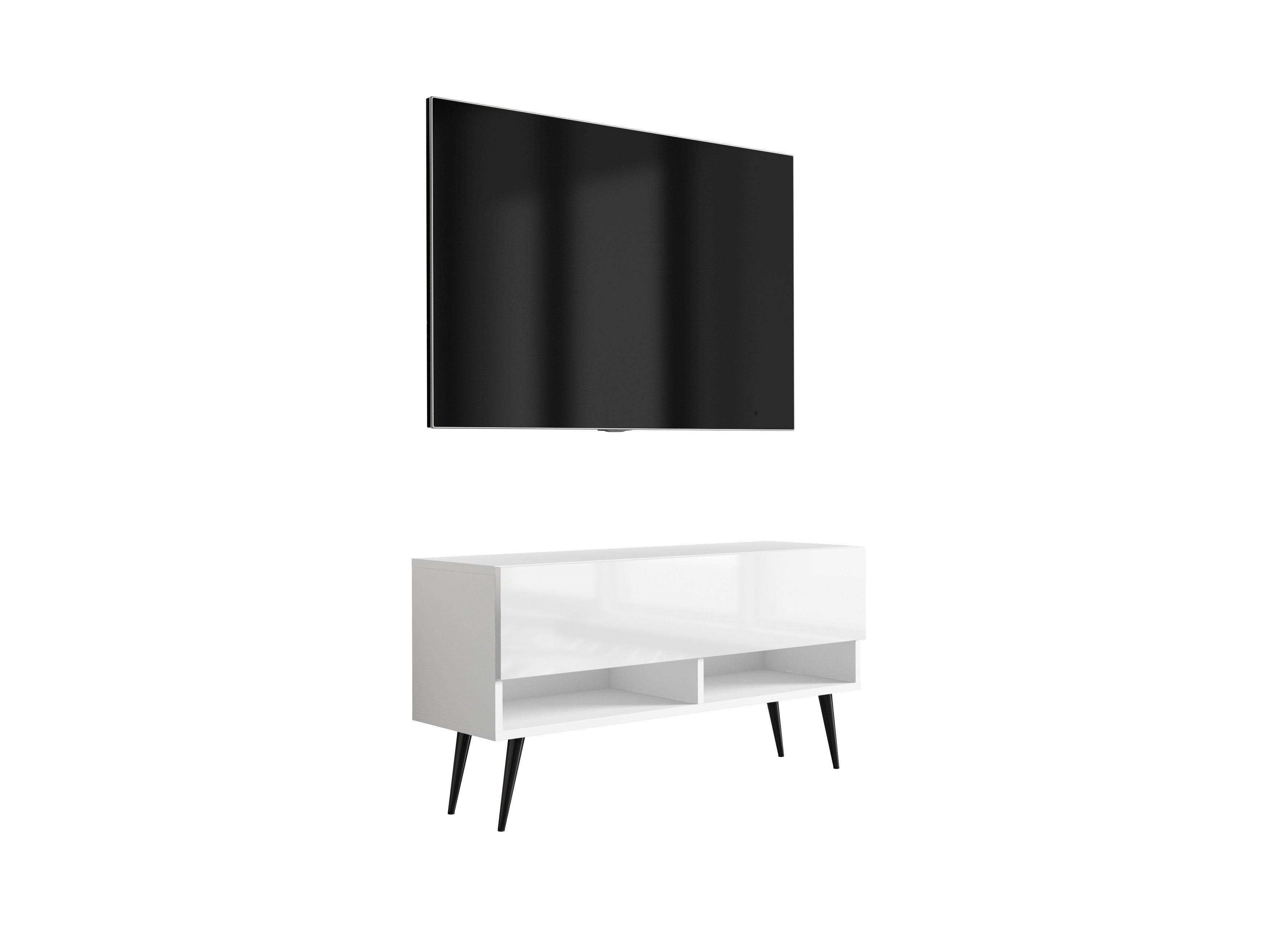 Szafka RTV : Biały Mat / Biały Połysk, nóżki pochyłe czarne, 100 × 32 × 52 cm