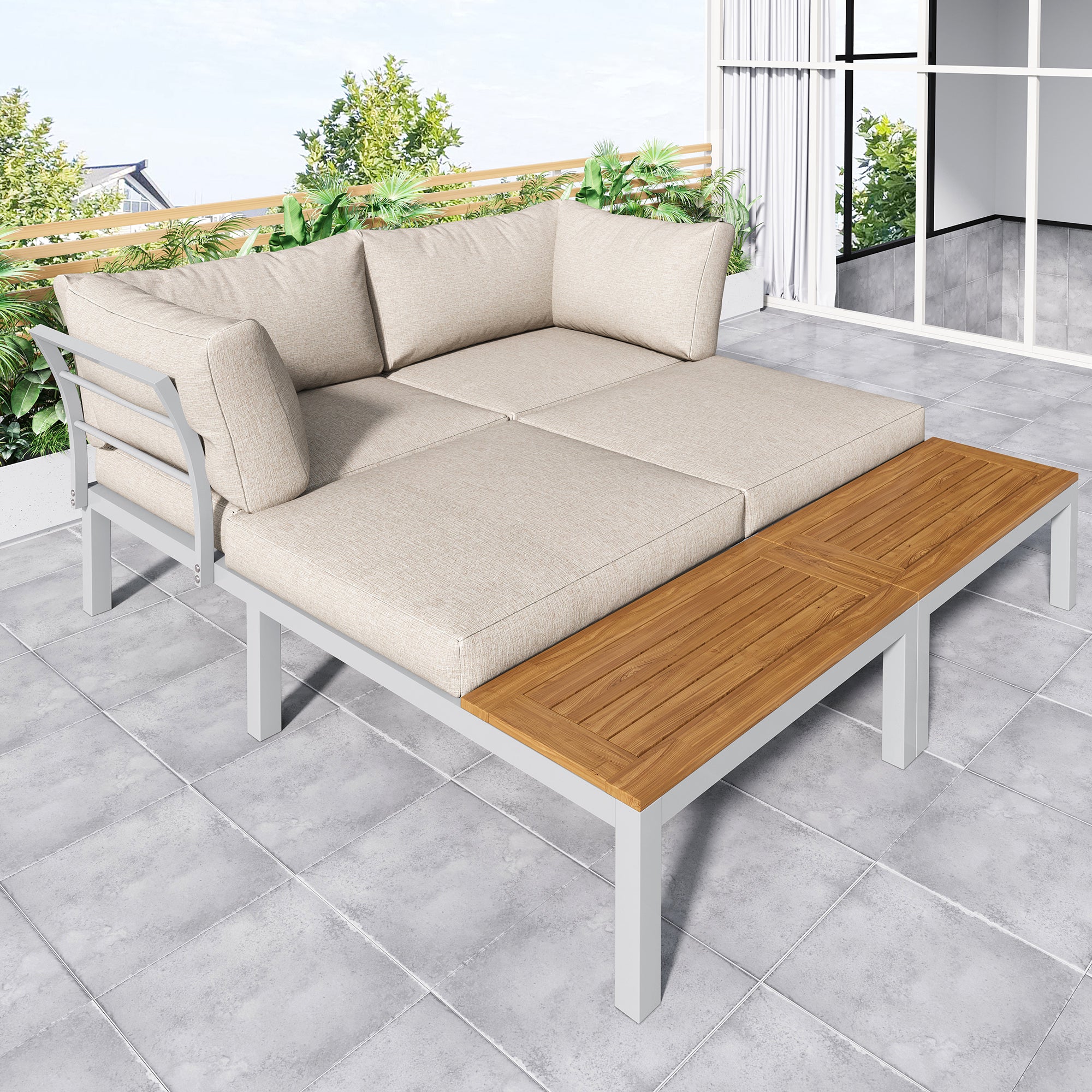 Salon de jardin multifonctionnel en Acier galvanisé et décoré de Bois d'Acacia - 4 places - canapé d'angle et 1 table basse - Beige - 8