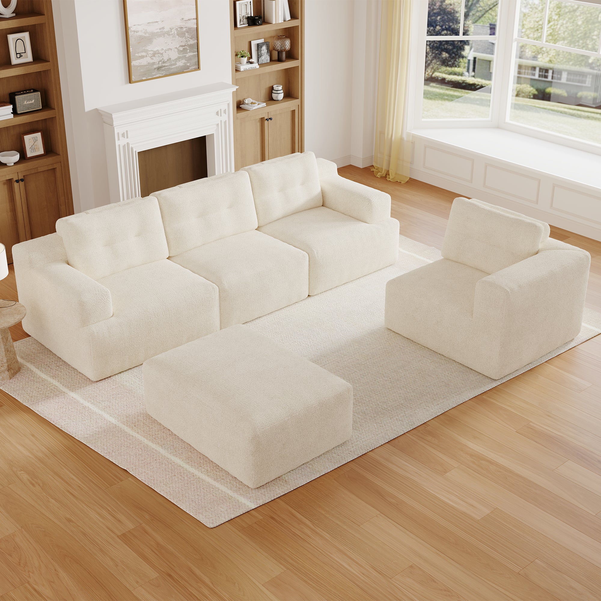 Canapé modulable 5 places U/L 252x180x82 cm, mousse intégrale, sans structure rigide, sans montage, chenille, beige - 8