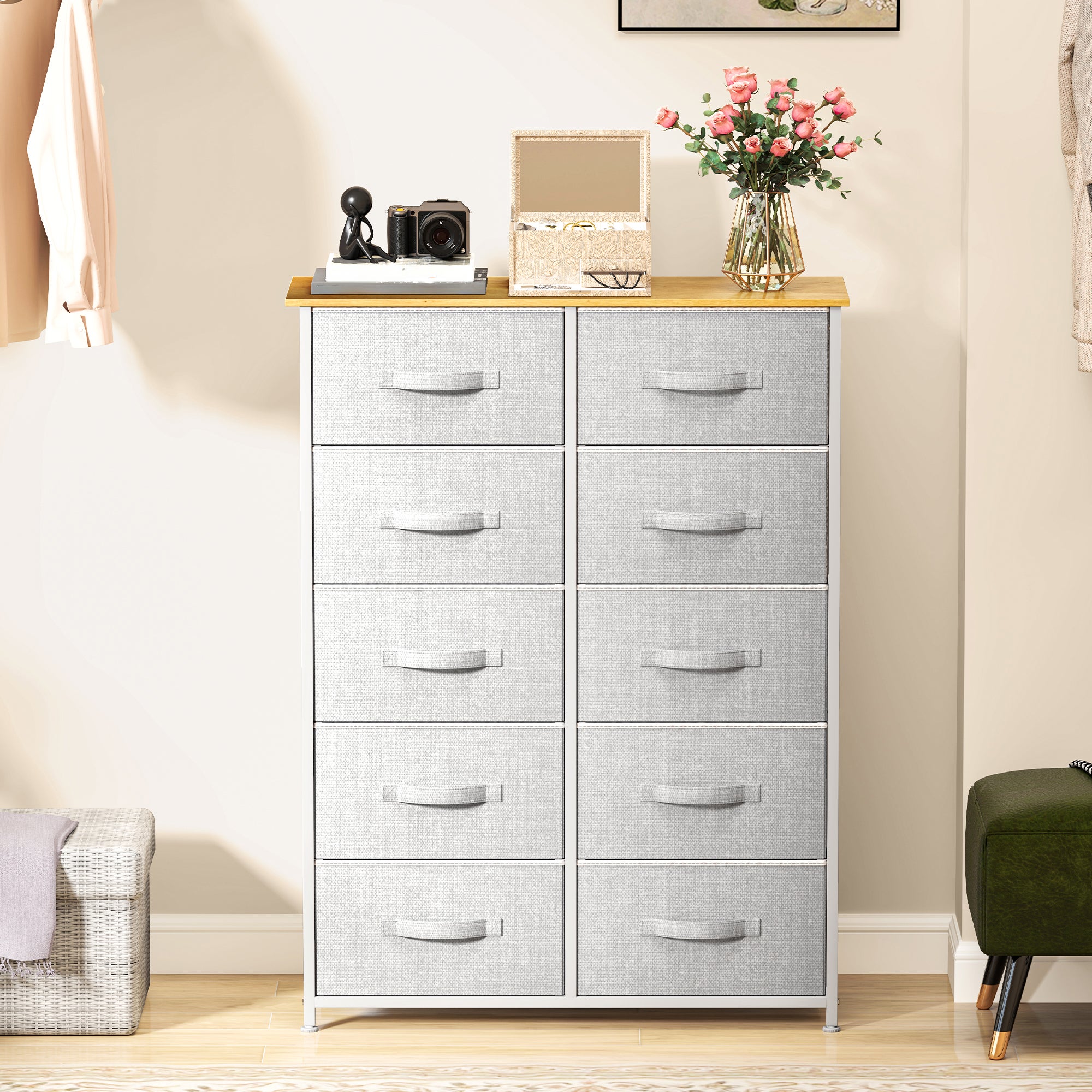Commode 10 Tiroirs Tissu YITAHOME - Meuble Rangement Chambre Gris Clair, Cadre Acier Robuste
