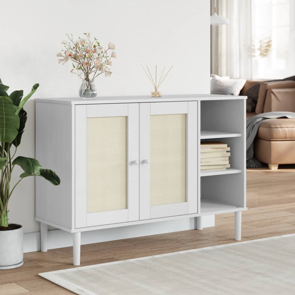 Buffet SENJA aspect rotin blanc 90x40x112cm bois massif de pin