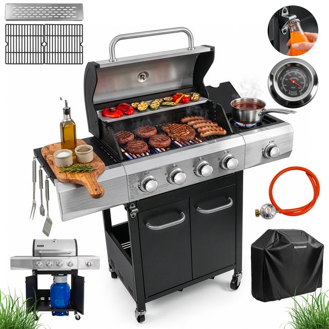 Grill gazowy 14,1kW BERGMANN KJ001 5 palników żeliwny ruszt stolik boczny front stal nierdzewna kosz na butlę + pokrowiec