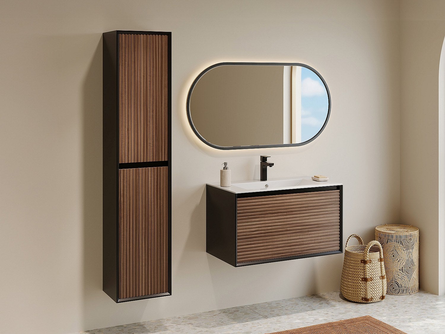 Słupek łazienkowy wiszący ryflowany - Naturalny ciemny i czarny - BANIVA