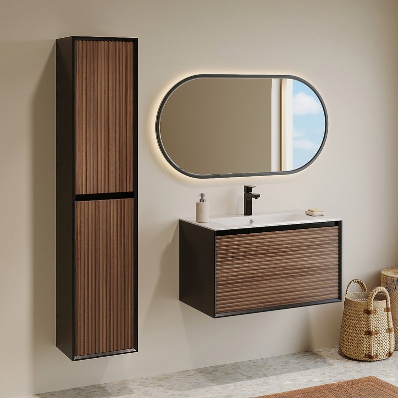 Słupek łazienkowy wiszący ryflowany - Naturalny ciemny i czarny - BANIVA