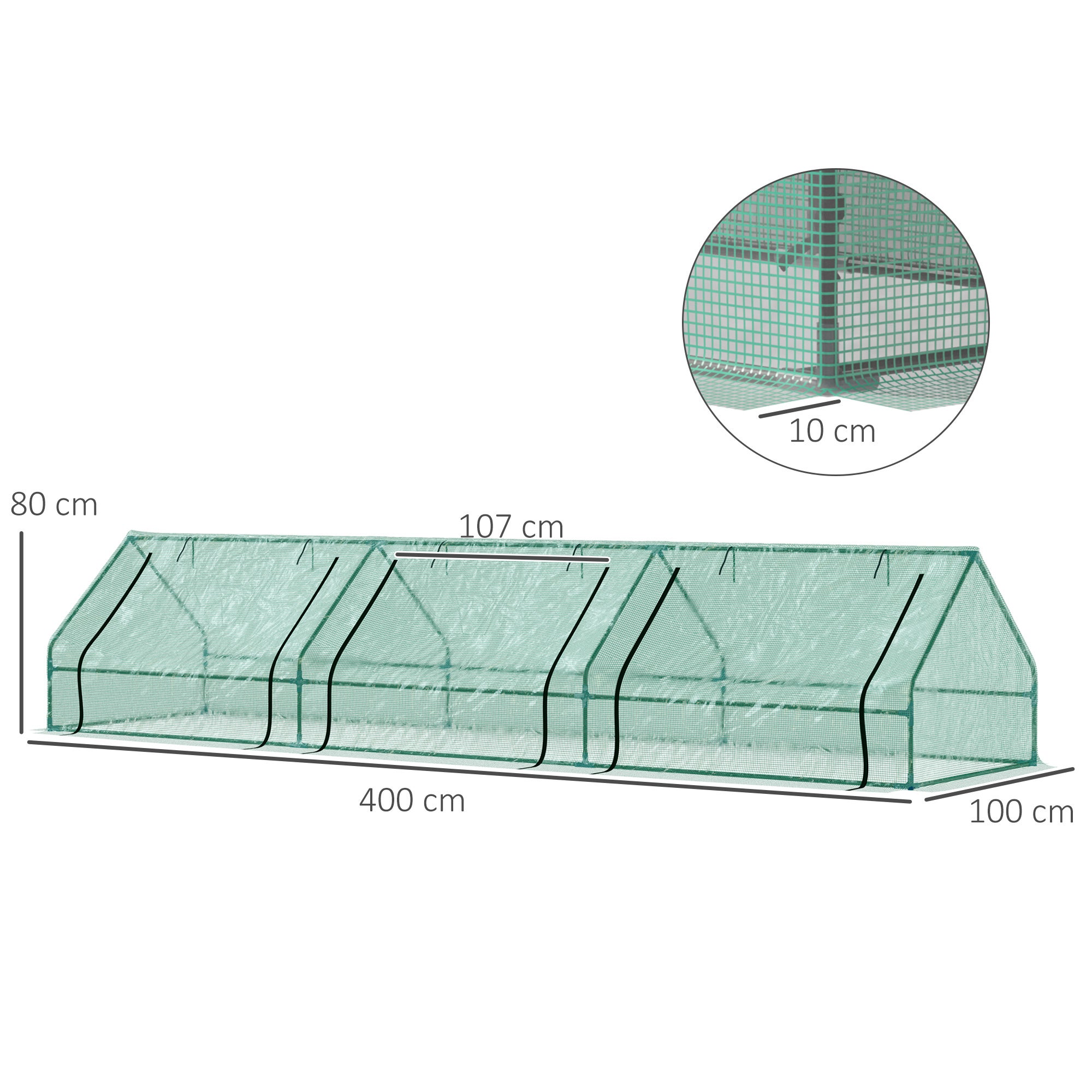 Mini serre de jardin en acier vert et polyéthylène avec 3 fenêtres rétractables, 400 x 100 x 80 cm - 5