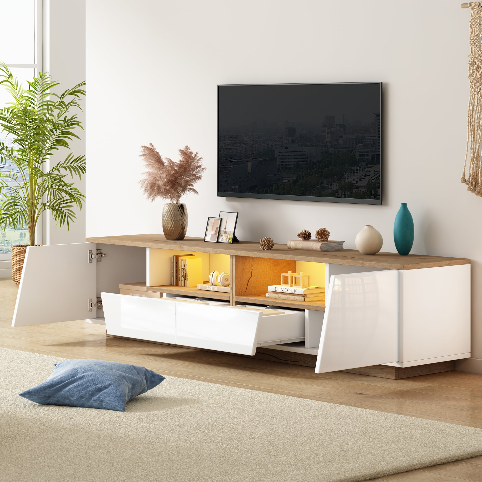 Meuble TV avec 2 portes et 2 tiroirs pour téléviseurs 75 pouces - 180 x 40 x 46 cm - Panneau de particules - Blanc + naturel - 2
