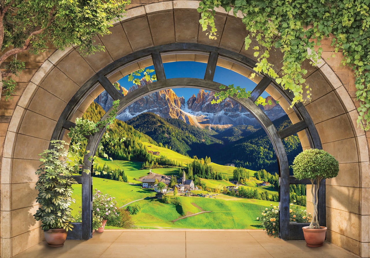 Papier Peint Intissé Panoramique Effet 3D Fenêtre Montagnes Paysage