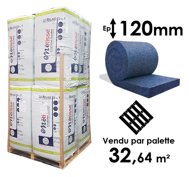LAINE DE COTON METISSE EN ROULEAU - EPAISSEUR 120MM (R=3,05) - PALETTE ENTIÈRE 32,64M²