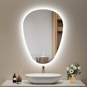 EMKE Miroir Salle de Bain avec Éclairage, 80 x 60 cm, Miroir LED Asymétrique, Interrupteur Tactile, 3 Couleurs de Lumière Réglables, Miroir Anti-Buée