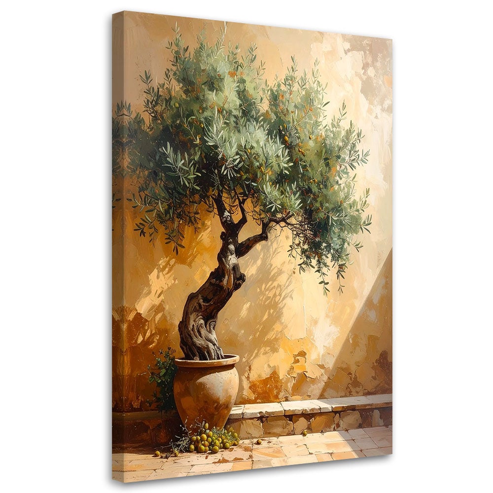 Obraz do salonu sypialni biura, Drzewko oliwne na tle muru w beżu 70x100