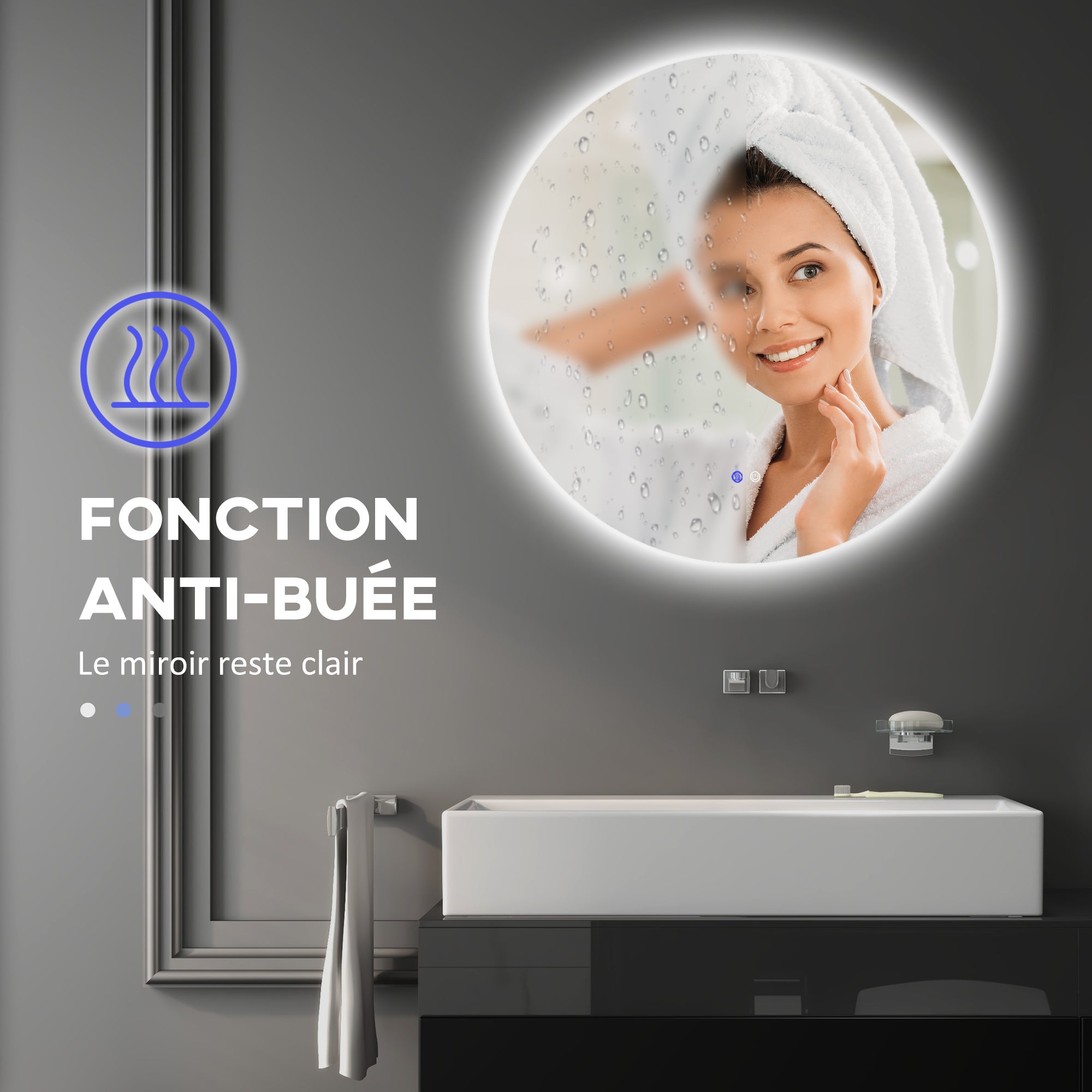 Miroir rond lumineux LED de salle de bain Ø 80 cm mural avec éclairage interrupteur tactile système antibuée - 9