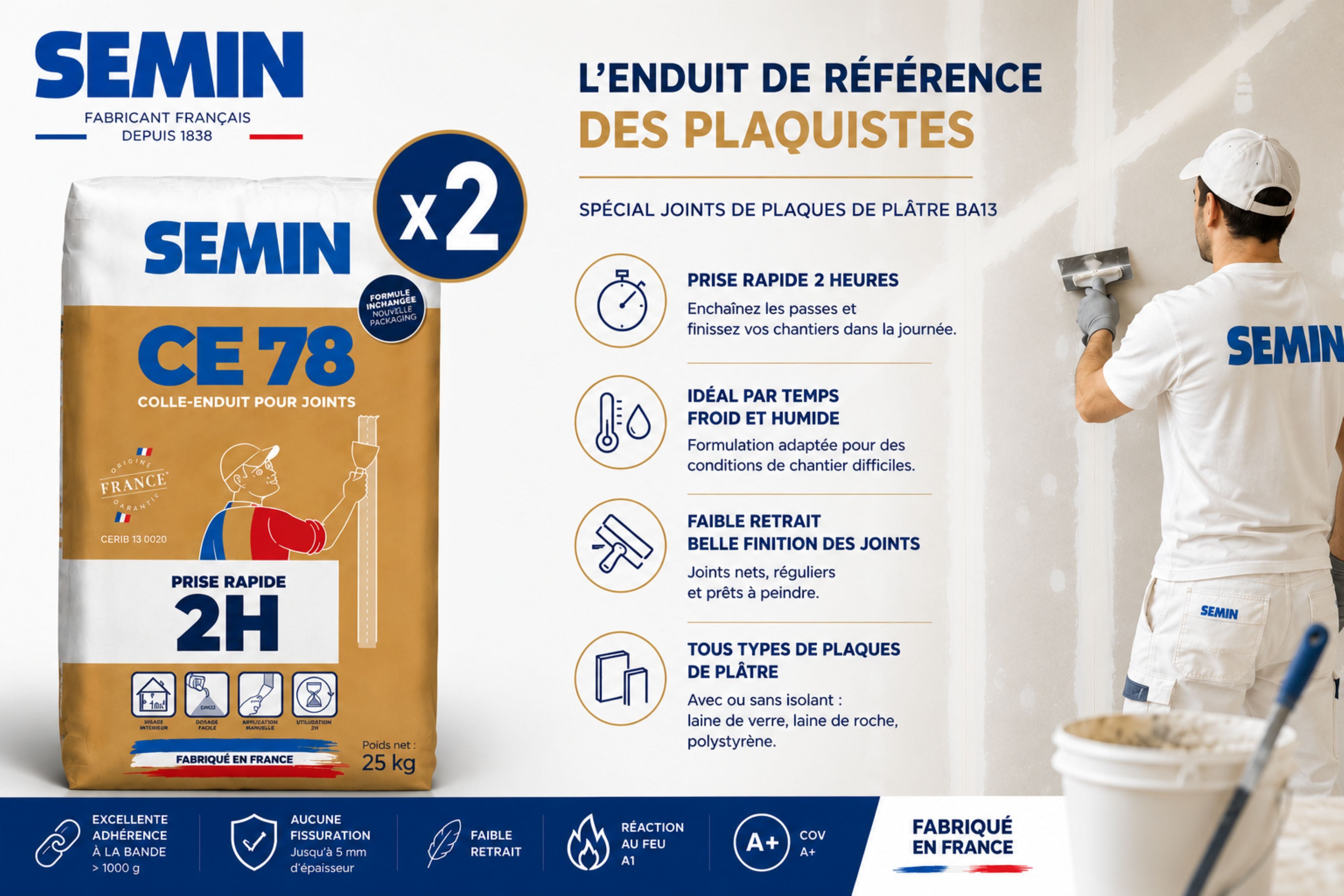 Enduit pour Joints de Plaques de Plâtre CE 78 2 Heures Semin, Intérieur, Sac de 25 kg (lot de 2) - 2