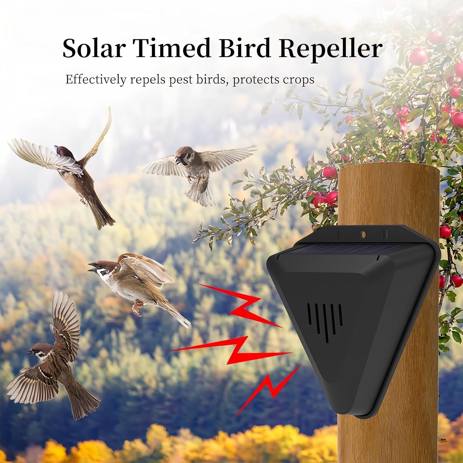 Alarme Répulsive pour Oiseaux à Energie Solaire IP55 Etanche à 360° Protection Complète Multiples Sons Dissuadant Les Oiseaux Ennemis Cornus Convient - 3