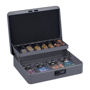 Caja Dinero, Combinación 3 Números, Bandeja para Monedas y 4 Espacios para Billetes, Cajita Efectivo, Blanco, Relaxdays | Leroy Merlin